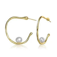 Lab Created Sterling Silver 14K Gold Plated with White Genuine Freshwater Pearl Hoop Earrings
