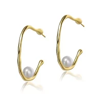 Lab Created Sterling Silver 14K Gold Plated with White Genuine Freshwater Pearl Hoop Earrings