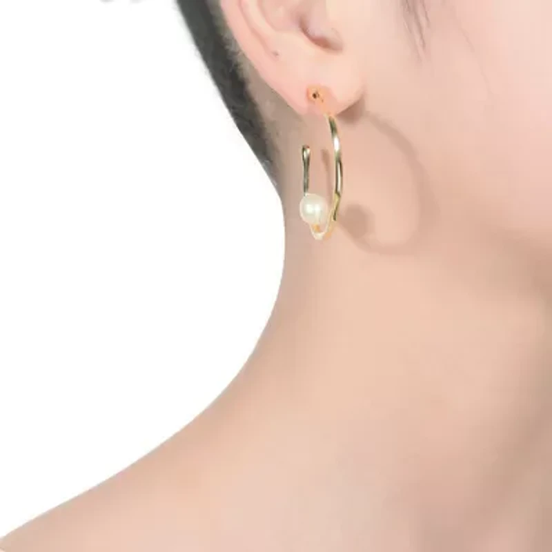 Lab Created Sterling Silver 14K Gold Plated with White Genuine Freshwater Pearl Hoop Earrings