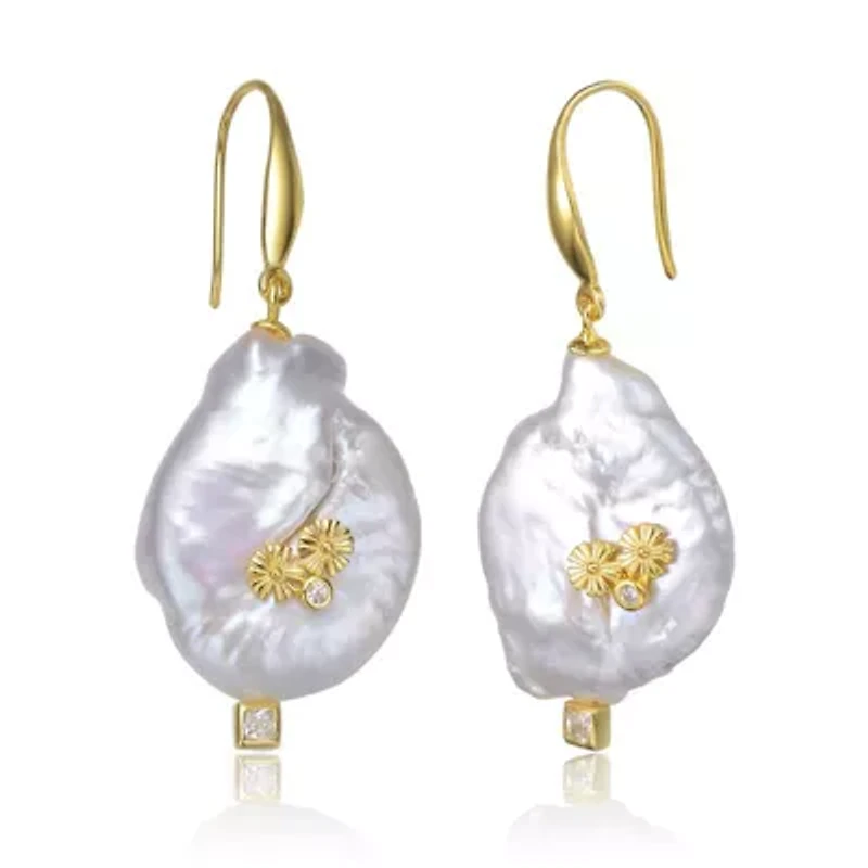 Lab Created Sterling Silver 14K Gold Plated with White Genuine Freshwater Pearl Hook Earrings
