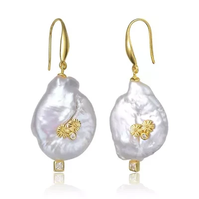 Lab Created Sterling Silver 14K Gold Plated with White Genuine Freshwater Pearl Hook Earrings
