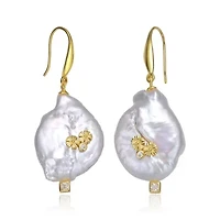 Lab Created Sterling Silver 14K Gold Plated with White Genuine Freshwater Pearl Hook Earrings