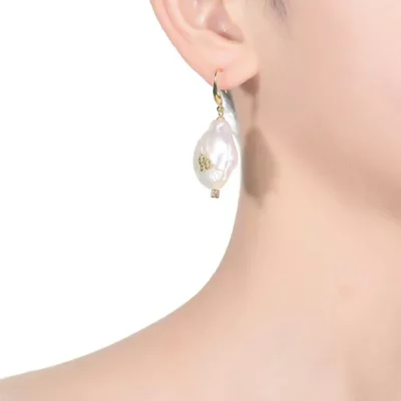 Lab Created Sterling Silver 14K Gold Plated with White Genuine Freshwater Pearl Hook Earrings