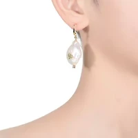 Lab Created Sterling Silver 14K Gold Plated with White Genuine Freshwater Pearl Hook Earrings