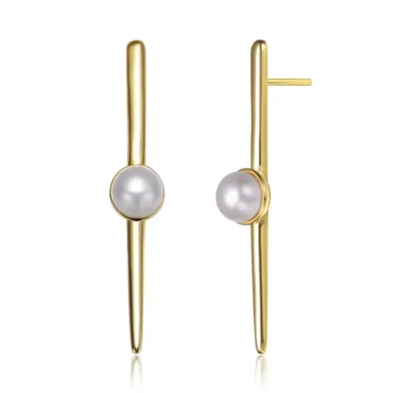 Lab Created Sterling Silver 14K Gold Plated with White Genuine Freshwater Pearl and Bar Drop Earrings