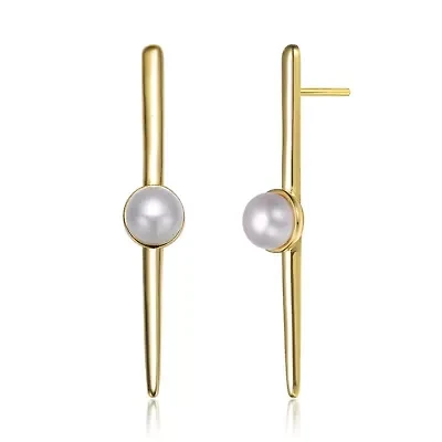 Lab Created Sterling Silver 14K Gold Plated with White Genuine Freshwater Pearl and Bar Drop Earrings