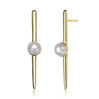 Lab Created Sterling Silver 14K Gold Plated with White Genuine Freshwater Pearl and Bar Drop Earrings