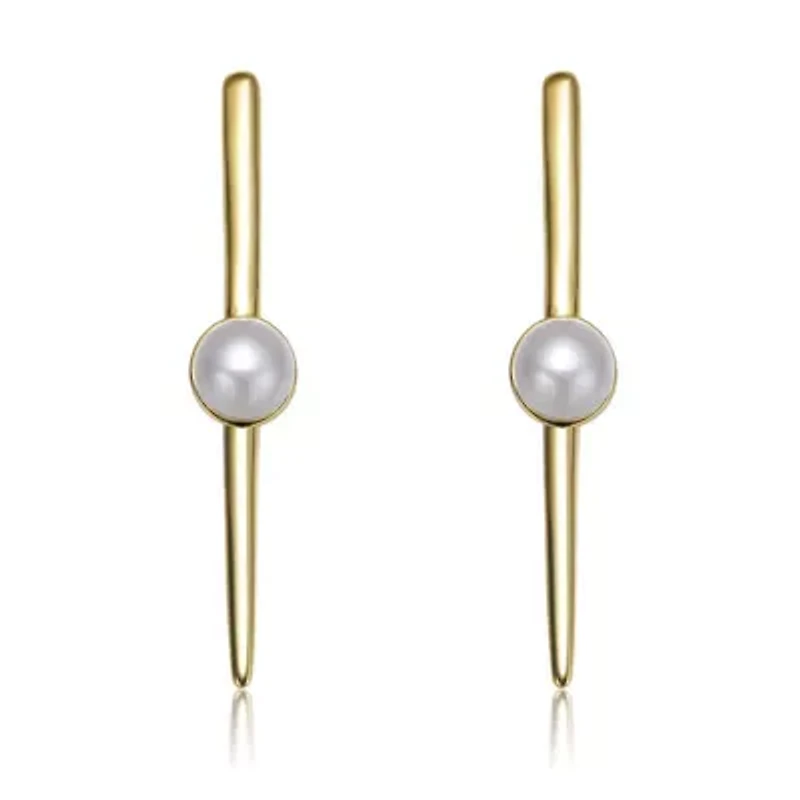 Lab Created Sterling Silver 14K Gold Plated with White Genuine Freshwater Pearl and Bar Drop Earrings