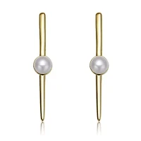 Lab Created Sterling Silver 14K Gold Plated with White Genuine Freshwater Pearl and Bar Drop Earrings