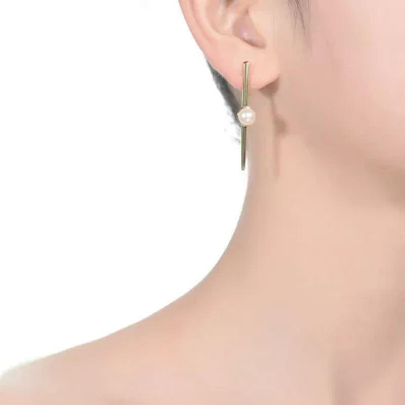 Lab Created Sterling Silver 14K Gold Plated with White Genuine Freshwater Pearl and Bar Drop Earrings