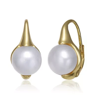 Lab Created Sterling Silver 14K Gold Plated with White Genuine Freshwater Pearl Leverback Earrings