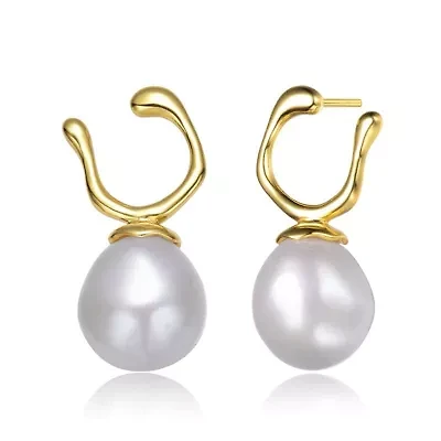 Lab Created Sterling Silver 14K Gold Plated with White Genuine Freshwater Pearl Hook Earrings