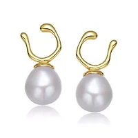Lab Created Sterling Silver 14K Gold Plated with White Genuine Freshwater Pearl Hook Earrings