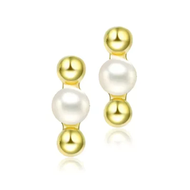 Lab Created Sterling Silver 14K Gold Plated with 5.5MM Freshwater Pearls Ball Earrings