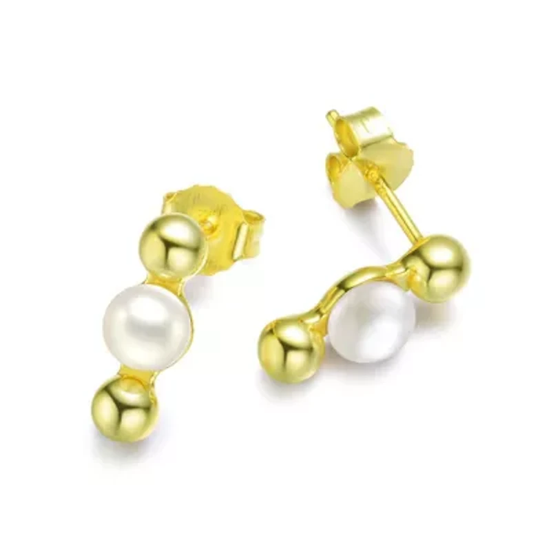 Lab Created Sterling Silver 14K Gold Plated with 5.5MM Freshwater Pearls Ball Earrings