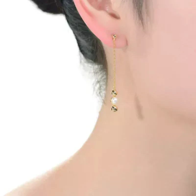 Lab Created Sterling Silver 14K Gold Plated with White 5.5MM Fresh Water Pearls Drop Earrings