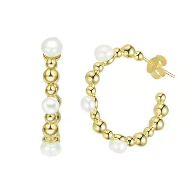 Lab Created Sterling Silver 14K Gold Plated with White 5MM Fresh Water Pearls Hoop Earrings