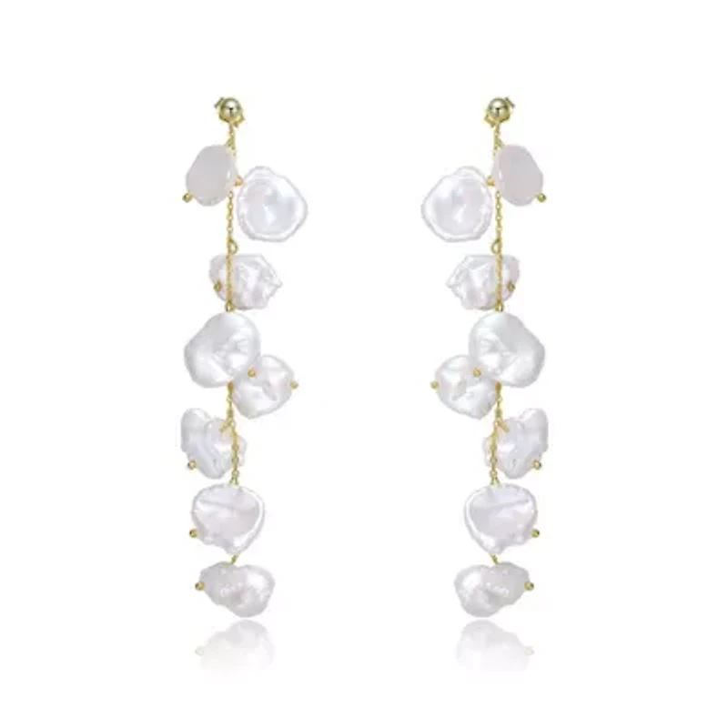 Lab Created Sterling Silver 14K Gold Plated with White Genuine Freshwater Pearl Drop Earrings