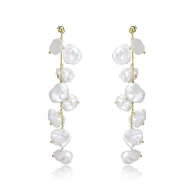 Lab Created Sterling Silver 14K Gold Plated with White Genuine Freshwater Pearl Drop Earrings