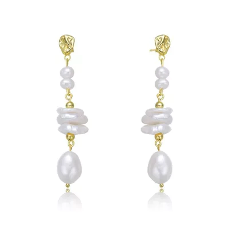Lab Created Sterling Silver 14K Gold Plating with White Genuine Freshwater Pearl Drop Earrings