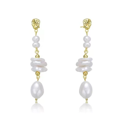 Lab Created Sterling Silver 14K Gold Plating with White Genuine Freshwater Pearl Drop Earrings