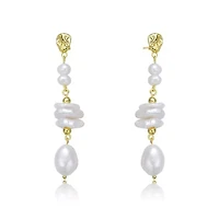 Lab Created Sterling Silver 14K Gold Plating with White Genuine Freshwater Pearl Drop Earrings