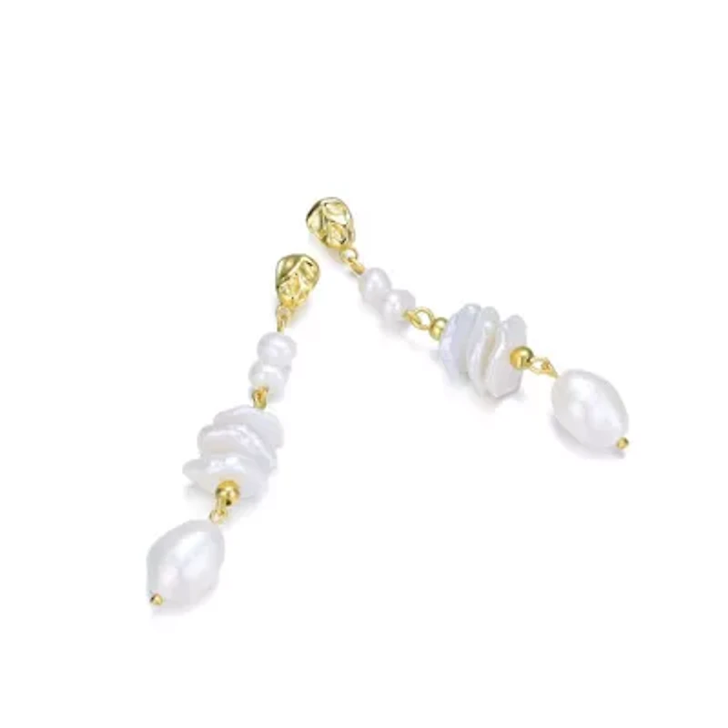Lab Created Sterling Silver 14K Gold Plating with White Genuine Freshwater Pearl Drop Earrings