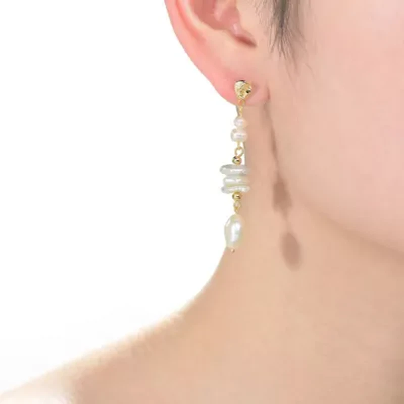 Lab Created Sterling Silver 14K Gold Plating with White Genuine Freshwater Pearl Drop Earrings