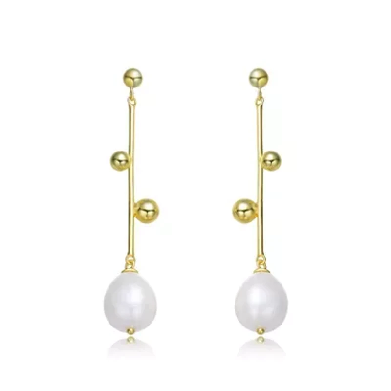 Lab Created Sterling Silver 14K Gold Plated with White Genuine Freshwater Pearl Drop Earrings