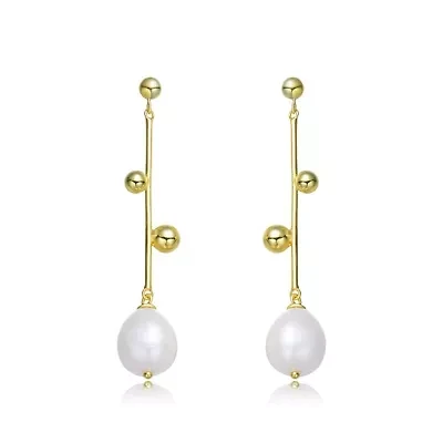 Lab Created Sterling Silver 14K Gold Plated with White Genuine Freshwater Pearl Drop Earrings