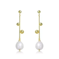 Lab Created Sterling Silver 14K Gold Plated with White Genuine Freshwater Pearl Drop Earrings