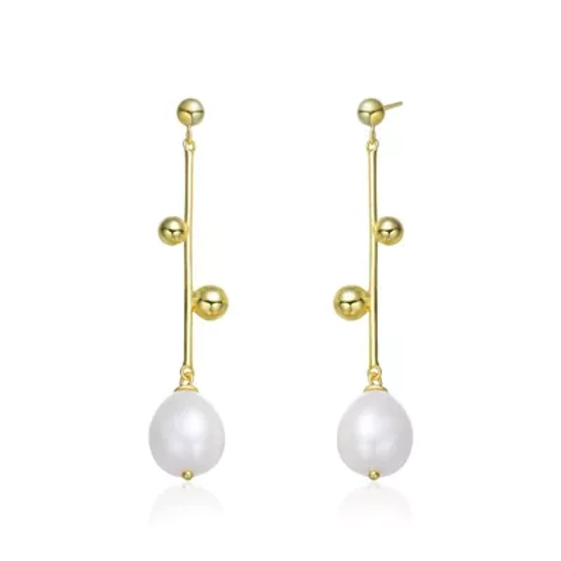 Lab Created Sterling Silver 14K Gold Plated with White Genuine Freshwater Pearl Drop Earrings