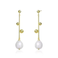 Lab Created Sterling Silver 14K Gold Plated with White Genuine Freshwater Pearl Drop Earrings