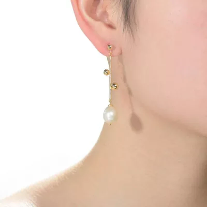 Lab Created Sterling Silver 14K Gold Plated with White Genuine Freshwater Pearl Drop Earrings