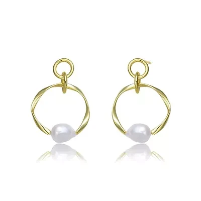 Lab Created Sterling Silver 14K Gold Plating with White Genuine Freshwater Pearl Round Dangling Earrings