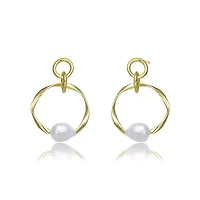 Lab Created Sterling Silver 14K Gold Plating with White Genuine Freshwater Pearl Round Dangling Earrings