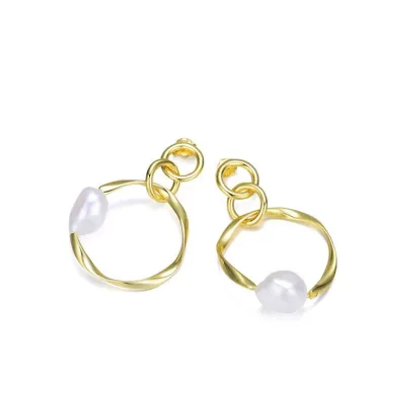 Lab Created Sterling Silver 14K Gold Plating with White Genuine Freshwater Pearl Round Dangling Earrings