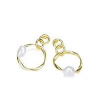 Lab Created Sterling Silver 14K Gold Plating with White Genuine Freshwater Pearl Round Dangling Earrings