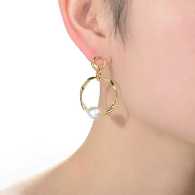 Lab Created Sterling Silver 14K Gold Plating with White Genuine Freshwater Pearl Round Dangling Earrings