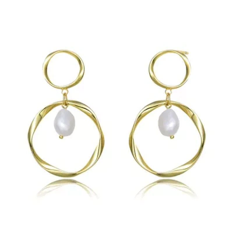 Lab Created Sterling Silver 14K Gold Plated with White Genuine Freshwater Pearl Dangling Earrings