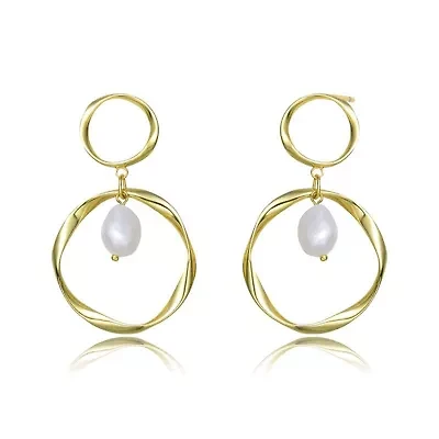 Lab Created Sterling Silver 14K Gold Plated with White Genuine Freshwater Pearl Dangling Earrings
