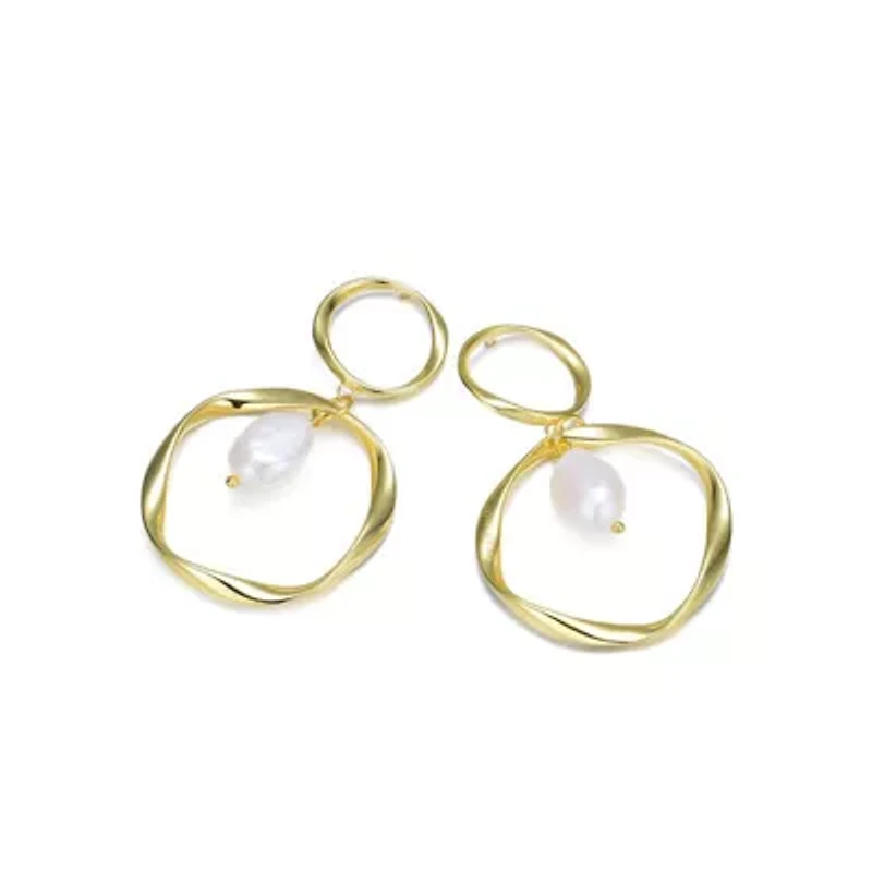 Lab Created Sterling Silver 14K Gold Plated with White Genuine Freshwater Pearl Dangling Earrings