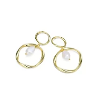 Lab Created Sterling Silver 14K Gold Plated with White Genuine Freshwater Pearl Dangling Earrings