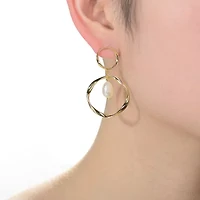 Lab Created Sterling Silver 14K Gold Plated with White Genuine Freshwater Pearl Dangling Earrings