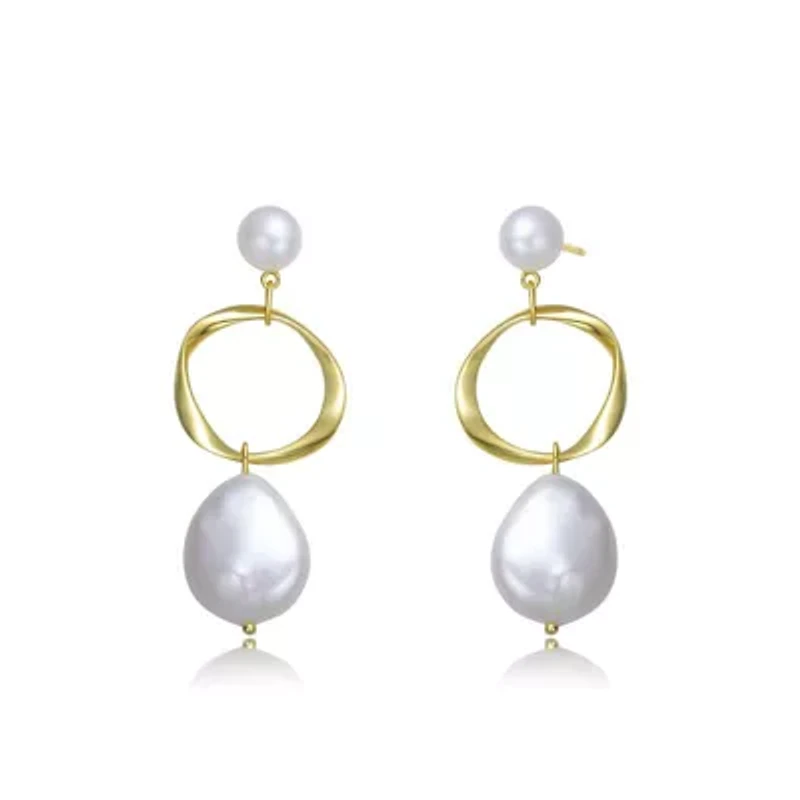 Lab Created Sterling Silver 14K Gold Plating with White Genuine Freshwater Pearl Hoop Drop Earrings