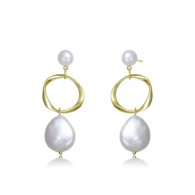 Lab Created Sterling Silver 14K Gold Plating with White Genuine Freshwater Pearl Hoop Drop Earrings