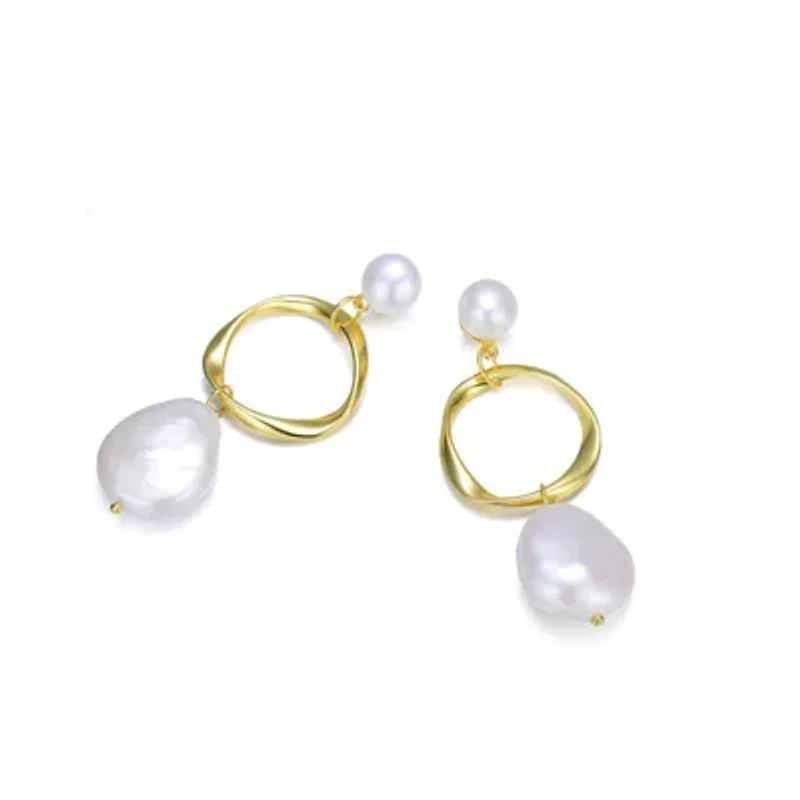 Lab Created Sterling Silver 14K Gold Plating with White Genuine Freshwater Pearl Hoop Drop Earrings