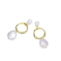 Lab Created Sterling Silver 14K Gold Plating with White Genuine Freshwater Pearl Hoop Drop Earrings