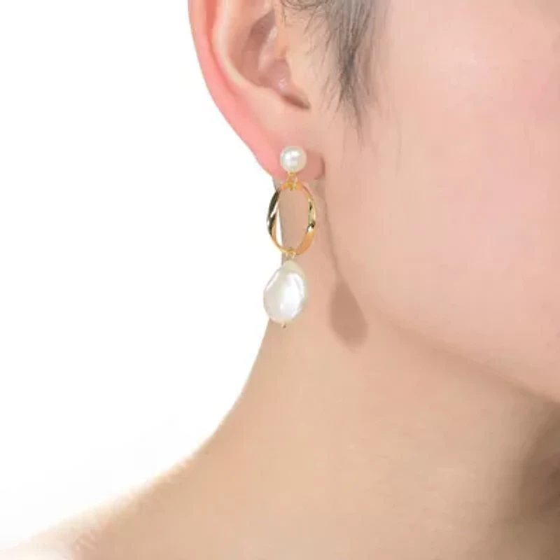 Lab Created Sterling Silver 14K Gold Plating with White Genuine Freshwater Pearl Hoop Drop Earrings