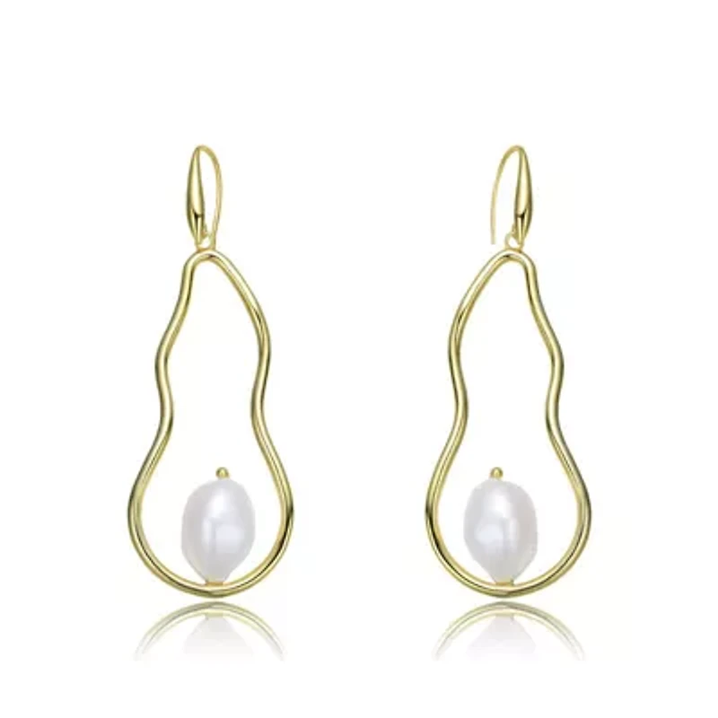 Lab Created Sterling Silver 14K Gold Plated with White Genuine Freshwater Pearl Elongated Dangling Earrings